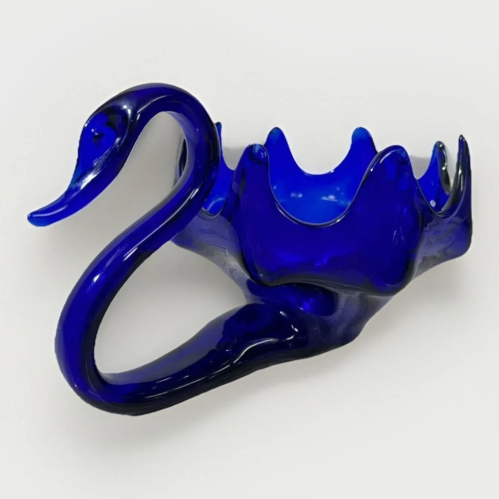 Vintage Cobalt Blue Blown Glass Swan Candy Dish MCM Decorative